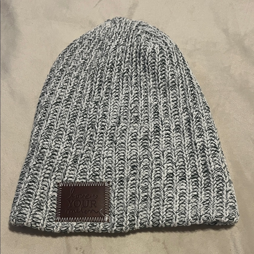 Love Your Melon Marled Gray Knit Beanie with Leather Patch